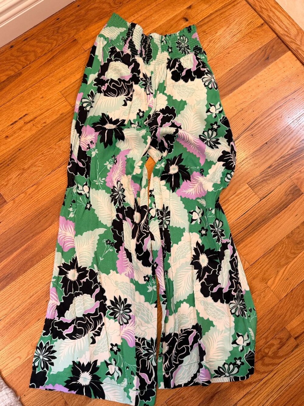 Maeve Green Floral Wide Leg Pants with Black & Lavender Print